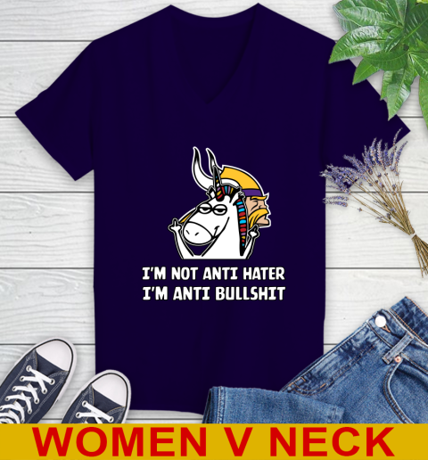 Minnesota Vikings NFL Football Unicorn I'm Not Anti Hater I'm Anti Bullshit Women's V-Neck T-Shirt 4