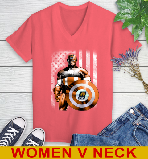 Phoenix Suns NBA Basketball Captain America Marvel Avengers American Flag Shirt Women's V-Neck T-Shirt 6