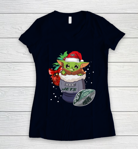 New York Jets Christmas Baby Yoda Star Wars Funny Happy NFL Women's V-Neck T-Shirt 3
