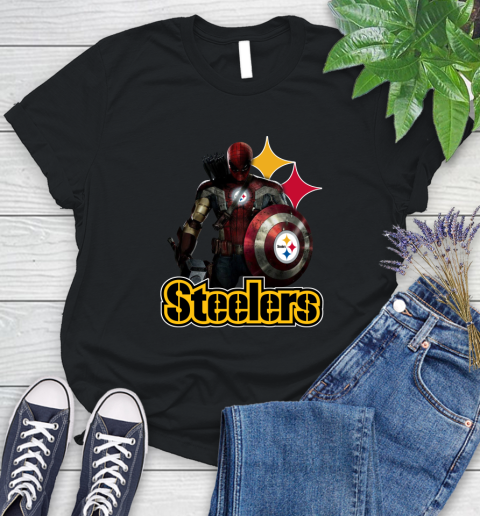 NFL Captain America Thor Spider Man Hawkeye Avengers Endgame Football Pittsburgh Steelers Women's T-Shirt 2