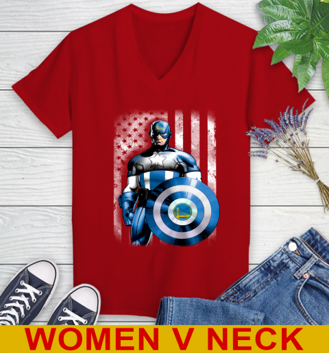 Golden State Warriors NBA Basketball Captain America Marvel Avengers American Flag Shirt Women's V-Neck T-Shirt 10