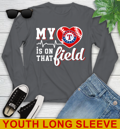 MLB My Heart Is On That Field Baseball Sports Texas Rangers Youth Long Sleeve 9