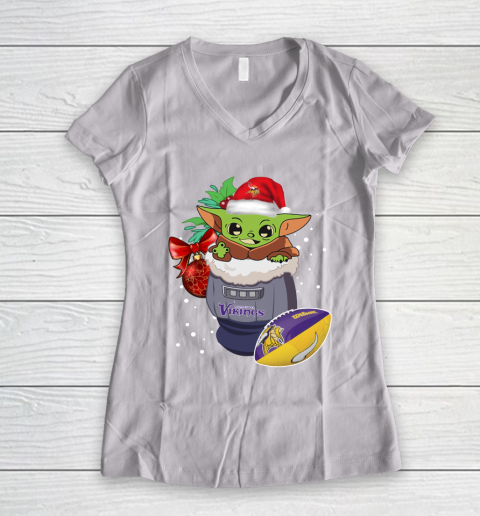 Minnesota Vikings Christmas Baby Yoda Star Wars Funny Happy NFL Women's V-Neck T-Shirt 2