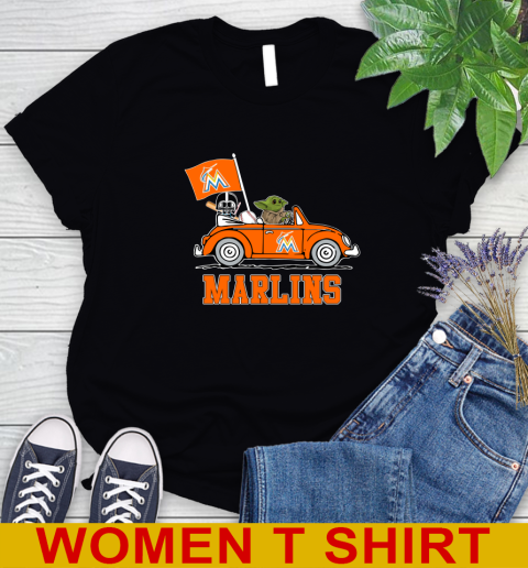 MLB Baseball Miami Marlins Darth Vader Baby Yoda Driving Star Wars Shirt Women's T-Shirt 2