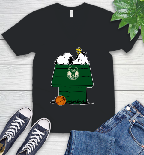 Milwaukee Bucks NBA Basketball Snoopy Woodstock The Peanuts Movie V-Neck T-Shirt 2