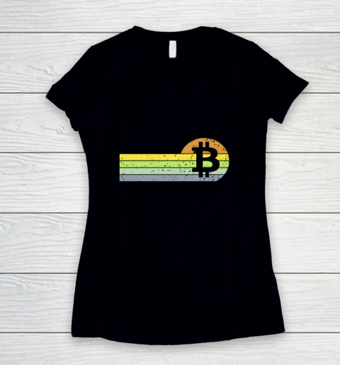 Bitcoin BTC Vintage Sunset Crypto Cryptocurrency Blockchain Women's V-Neck T-Shirt