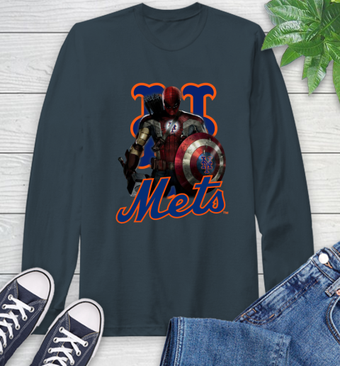MLB Captain America Thor Spider Man Hawkeye Avengers Endgame Baseball New York Mets Long Sleeve T-Shirt 8