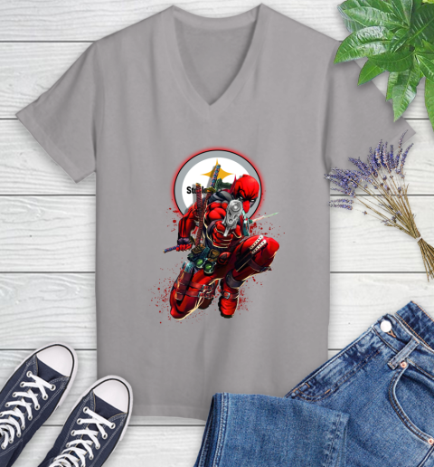 NFL Deadpool Marvel Comics Sports Football Pittsburgh Steelers Women's V-Neck T-Shirt 4