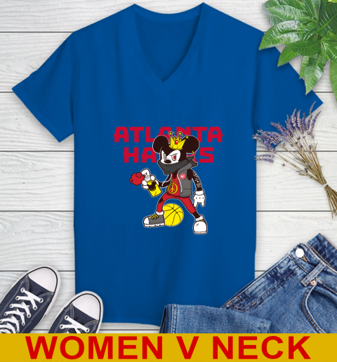Atlanta Hawks NBA Basketball Mickey Peace Sign Sports Women's V-Neck T-Shirt 11