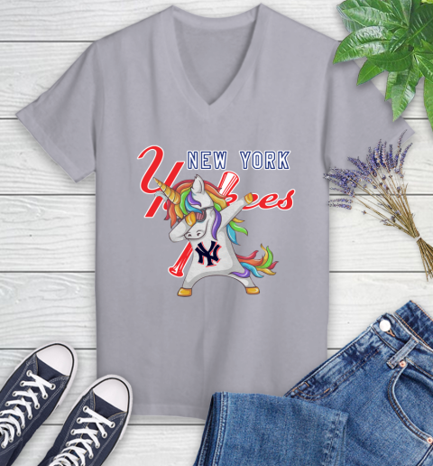 New York Yankees MLB Baseball Funny Unicorn Dabbing Sports Women's V-Neck T-Shirt 4