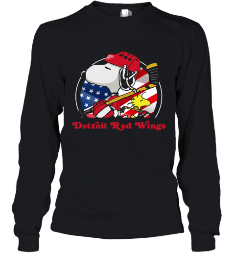 7oox detroit red wings ice hockey snoopy and woodstock nhl youth long sleeve 50 front black