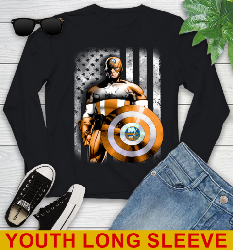 New York Islanders NHL Hockey Captain America Marvel Avengers American Flag Shirt Youth Long Sleeve