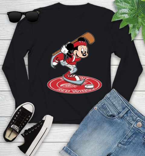 NHL Hockey Detroit Red Wings Cheerful Mickey Disney Shirt Youth Long Sleeve