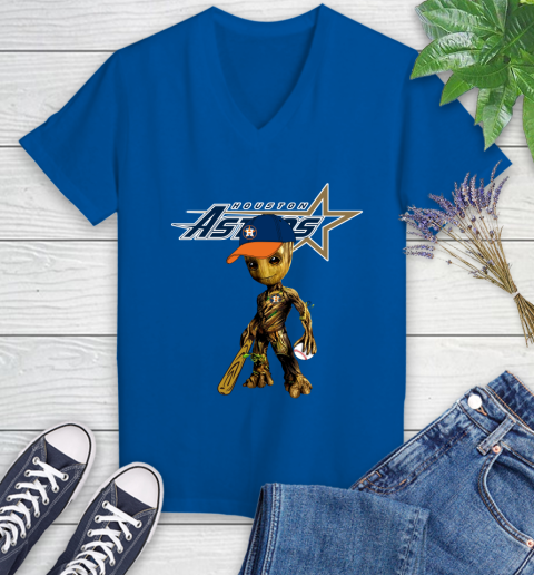 MLB Houston Astros Groot Guardians Of The Galaxy Baseball Women's V-Neck T-Shirt 10