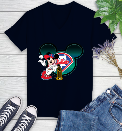 MLB Philadelphia Phillies The Commissioner's Trophy Mickey Mouse Disney Women's V-Neck T-Shirt 3