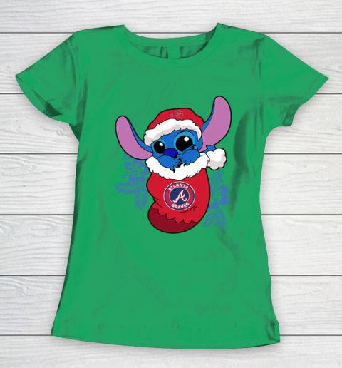 Atlanta Braves Christmas Stitch In The Sock Funny Disney MLB Women's T-Shirt