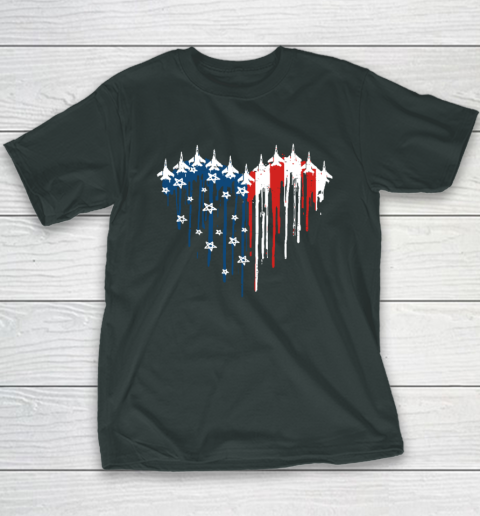 Retro Fighter Jet Airplane American Flag Heart 4th Of July Youth T-Shirt 3