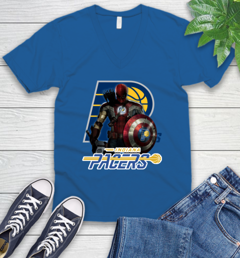 Indiana Pacers NBA Basketball Captain America Thor Spider Man Hawkeye Avengers V-Neck T-Shirt 6