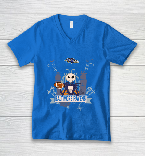 NFL Baltimore Ravens Football Jack Skellington Halloween V-Neck T-Shirt 5