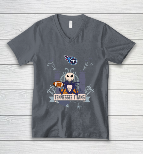 NFL Tennessee Titans Football Jack Skellington Halloween V-Neck T-Shirt 4