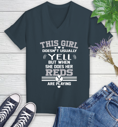 Cincinnati Reds MLB Baseball I Yell When My Team Is Playing Women's V-Neck T-Shirt 8