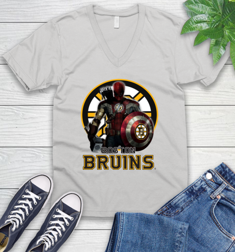 NHL Captain America Thor Spider Man Hawkeye Avengers Endgame Hockey Boston Bruins V-Neck T-Shirt