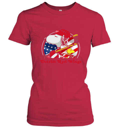 wlxf detroit red wings ice hockey snoopy and woodstock nhl ladies t shirt 20 front red