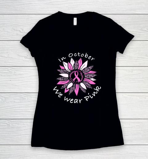 In October We Wear Pink Breast Cancer Costume Sunflower Teen Women's V-Neck T-Shirt