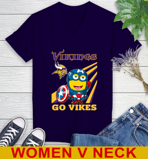 NFL Football Minnesota Vikings Captain America Marvel Avengers Minion Shirt Women's V-Neck T-Shirt 3