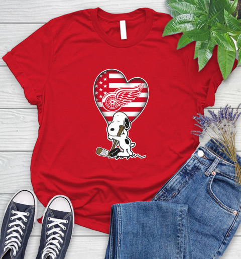 Detroit Red Wings NHL Hockey The Peanuts Movie Adorable Snoopy Women's T-Shirt 9