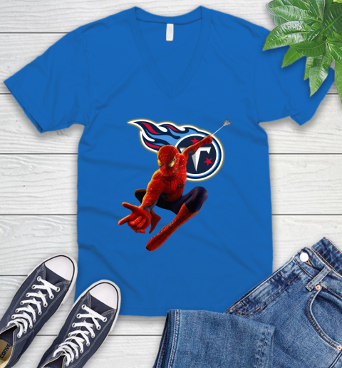 NFL Spider Man Avengers Endgame Football Tennessee Titans V-Neck T-Shirt 7 NFL Spider Man Avengers Endgame Football Tennessee Titans V-Neck T-Shirt - Image 7