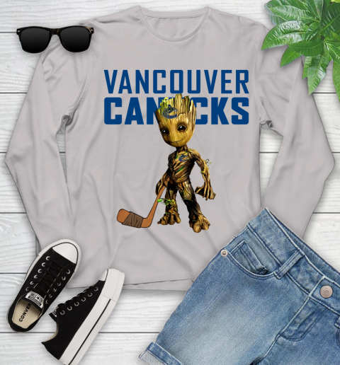 Vancouver Canucks NHL Hockey Groot Marvel Guardians Of The Galaxy Youth Long Sleeve 12