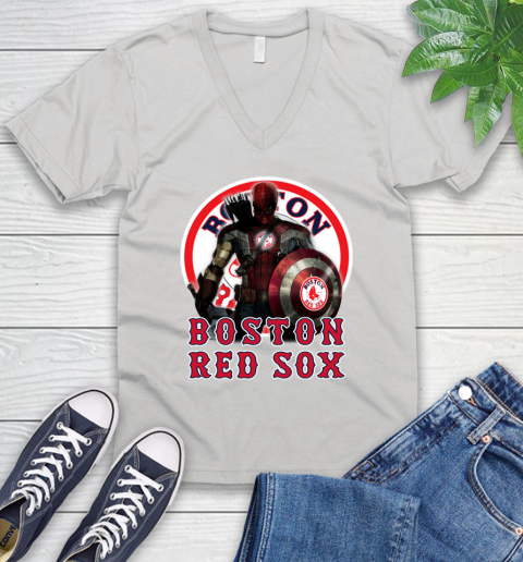 MLB Captain America Thor Spider Man Hawkeye Avengers Endgame Baseball Boston Red Sox V-Neck T-Shirt