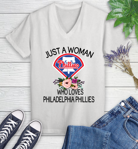 MLB Just A Woman Who Loves Philadelphia Phillies Baseball Sports Women's V-Neck T-Shirt