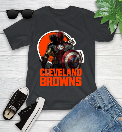 NFL Captain America Thor Spider Man Hawkeye Avengers Endgame Football Cleveland Browns Youth T-Shirt 2