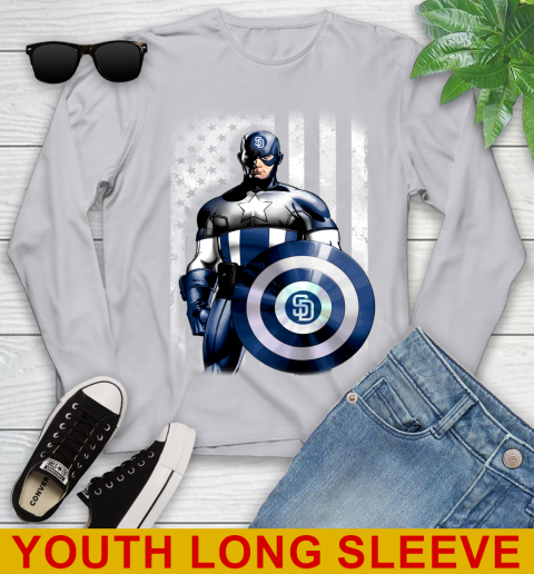 San Diego Padres MLB Baseball Captain America Marvel Avengers American Flag Shirt Youth Long Sleeve 5
