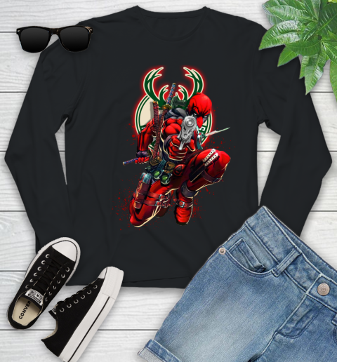 NBA Deadpool Marvel Comics Sports Basketball Milwaukee Bucks Youth Long Sleeve 2