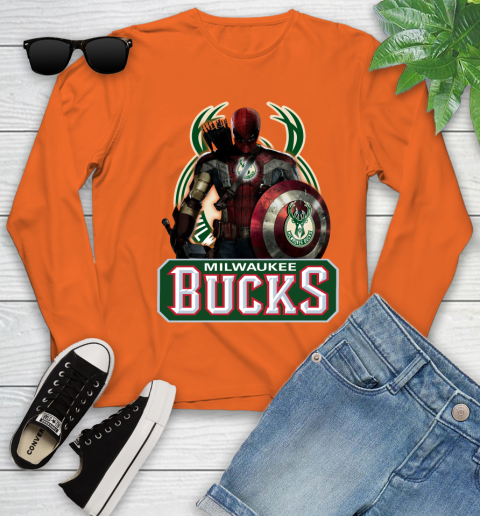 Milwaukee Bucks NBA Basketball Captain America Thor Spider Man Hawkeye Avengers Youth Long Sleeve 4