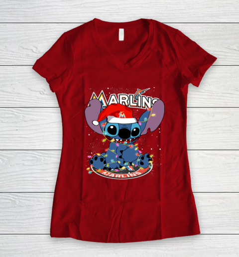 Miami Marlins MLB noel stitch Baseball Christmas Women's V-Neck T-Shirt 6