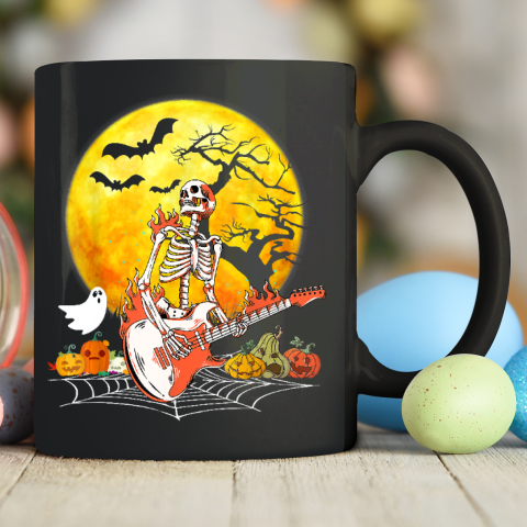 Funny Halloween Funny Skeleton Playing Guitar Pumpkin Vibes Ceramic Mug 11oz