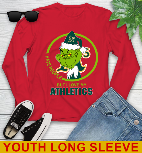 Oakland Athletics MLB Christmas Grinch I Hate People But I Love My Favorite Baseball Team Youth Long Sleeve 11