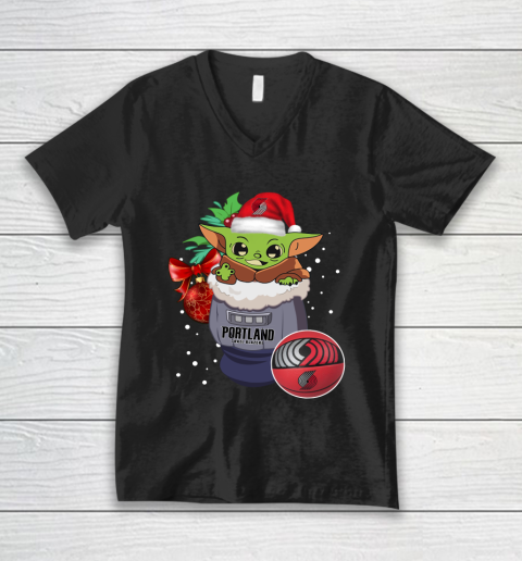 Portland Trail Blazers Christmas Baby Yoda Star Wars Funny Happy NBA V-Neck T-Shirt