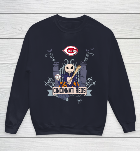 MLB Cincinnati Reds Baseball Jack Skellington Halloween Youth Sweatshirt 3 MLB Cincinnati Reds Baseball Jack Skellington Halloween Youth Sweatshirt - Image 3