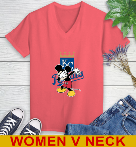 Kansas City Royals MLB Baseball Dabbing Mickey Disney Sports Women's V-Neck T-Shirt 7