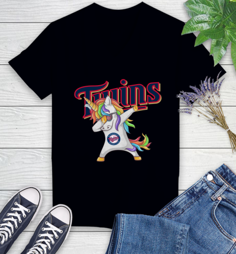 Minnesota Twins MLB Baseball Funny Unicorn Dabbing Sports Women's V-Neck T-Shirt 2
