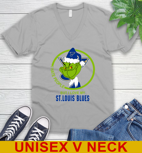 St.Louis Blues NHL Christmas Grinch I Hate People But I Love My Favorite Hockey Team V-Neck T-Shirt 4