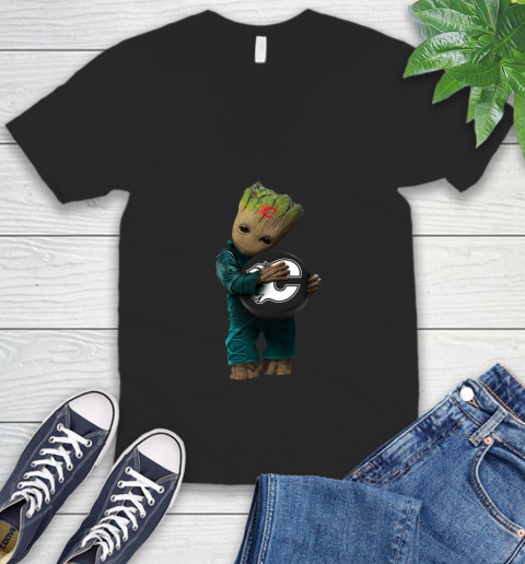 NHL Groot Guardians Of The Galaxy Hockey Sports Calgary Flames V-Neck T-Shirt 2