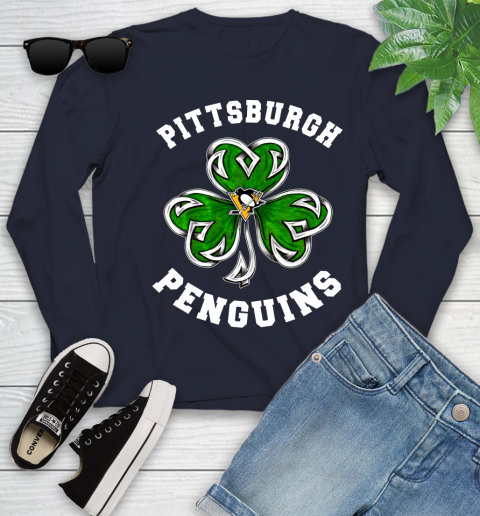 NHL Pittsburgh Penguins Three Leaf Clover St Patrick's Day Hockey Sports Youth Long Sleeve 2