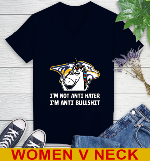 Nashville Predators NHL Hockey Unicorn I'm Not Anti Hater I'm Anti Bullshit Women's V-Neck T-Shirt 3