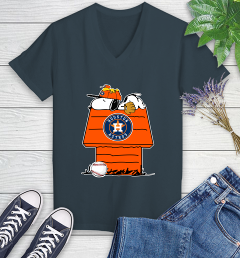 MLB Houston Astros Snoopy Woodstock The Peanuts Movie Baseball T Shirt Women's V-Neck T-Shirt 8